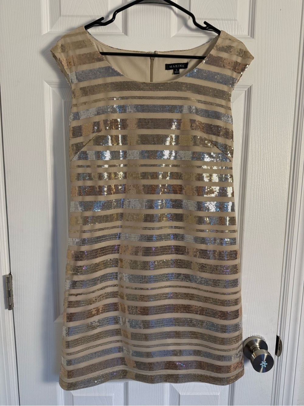 Beige with gold, silver and rose gold Striped Sequin Shift Dress